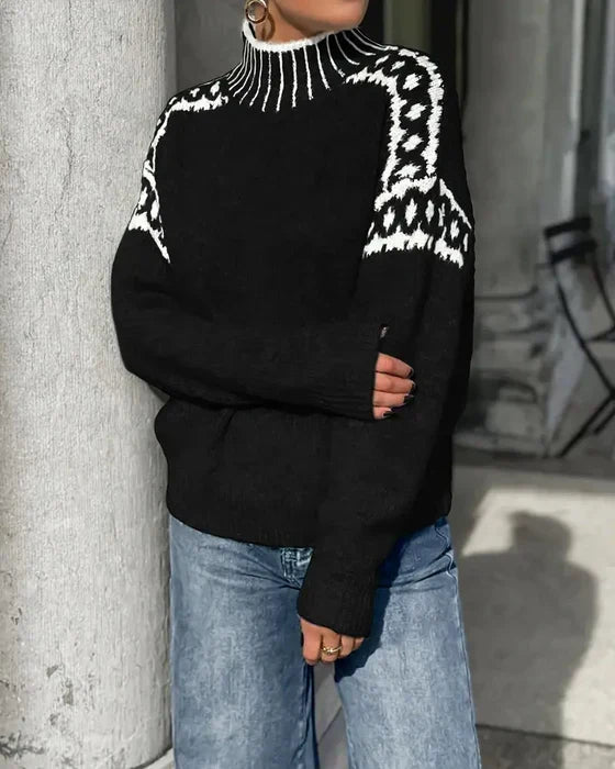 Knitted Turtleneck Jumper Grey Fair Isle Women's – Casual, Winter Everyday Warm Pullover Sweater