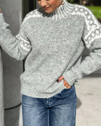 Knitted Turtleneck Jumper Grey Fair Isle Women's – Casual, Winter Everyday Warm Pullover Sweater