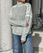 Knitted Turtleneck Jumper Grey Fair Isle Women's – Casual, Winter Everyday Warm Pullover Sweater