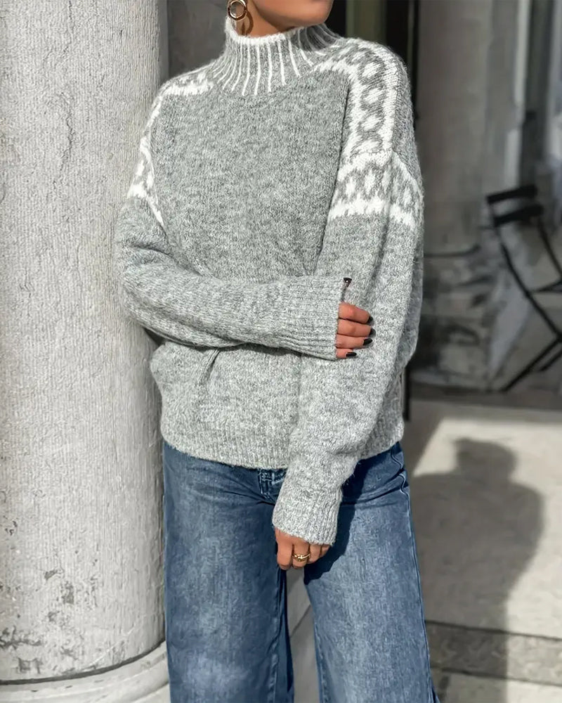 Knitted Turtleneck Jumper Grey Fair Isle Women's – Casual, Winter Everyday Warm Pullover Sweater