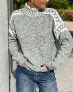 Knitted Turtleneck Jumper Grey Fair Isle Women's – Casual, Winter Everyday Warm Pullover Sweater